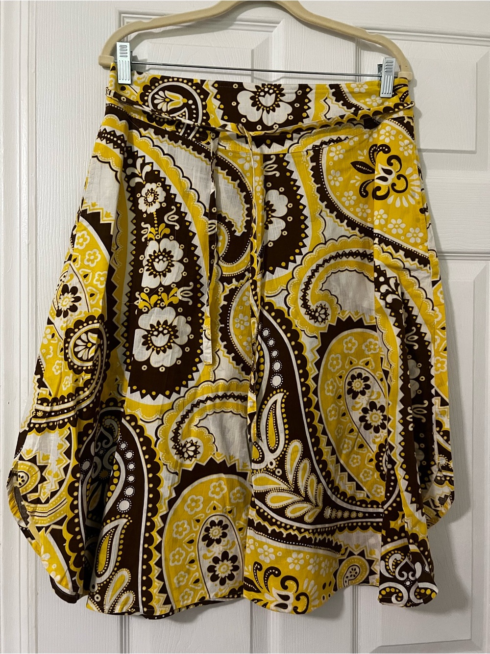 Talbots Women’s 8P Yellow Brown White Paisley Woven Cotton A-Line Tie Skirt